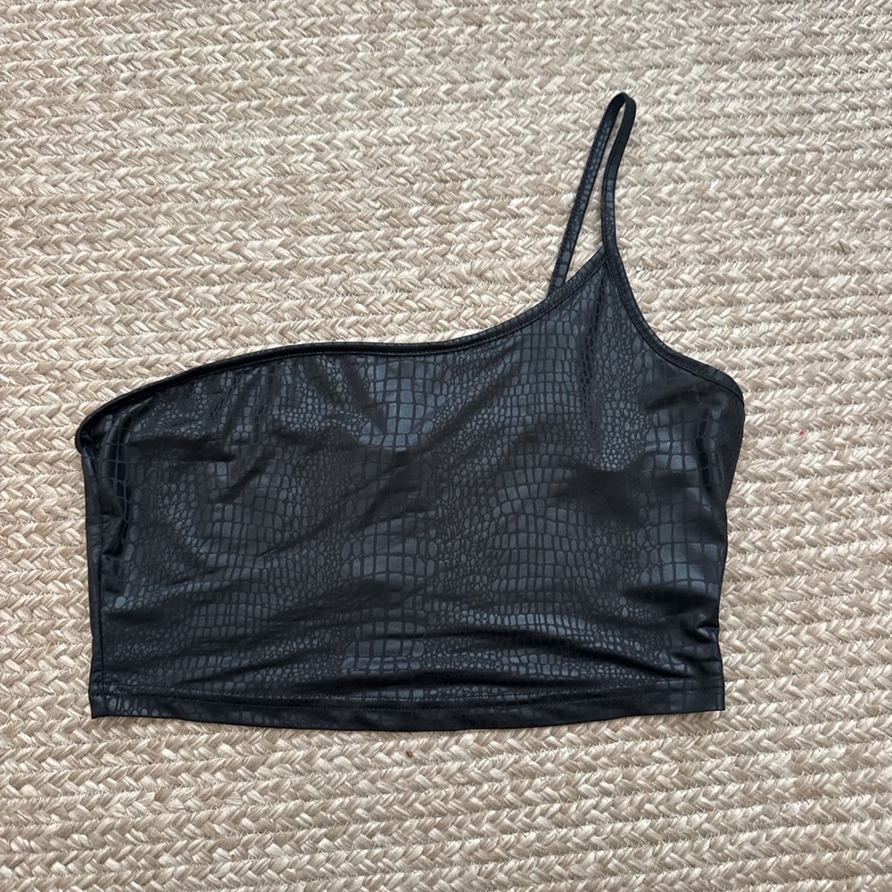 Black One-Shoulder Croc-Embossed Top
